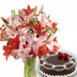 Fresh Lilies With Black Forest Cake